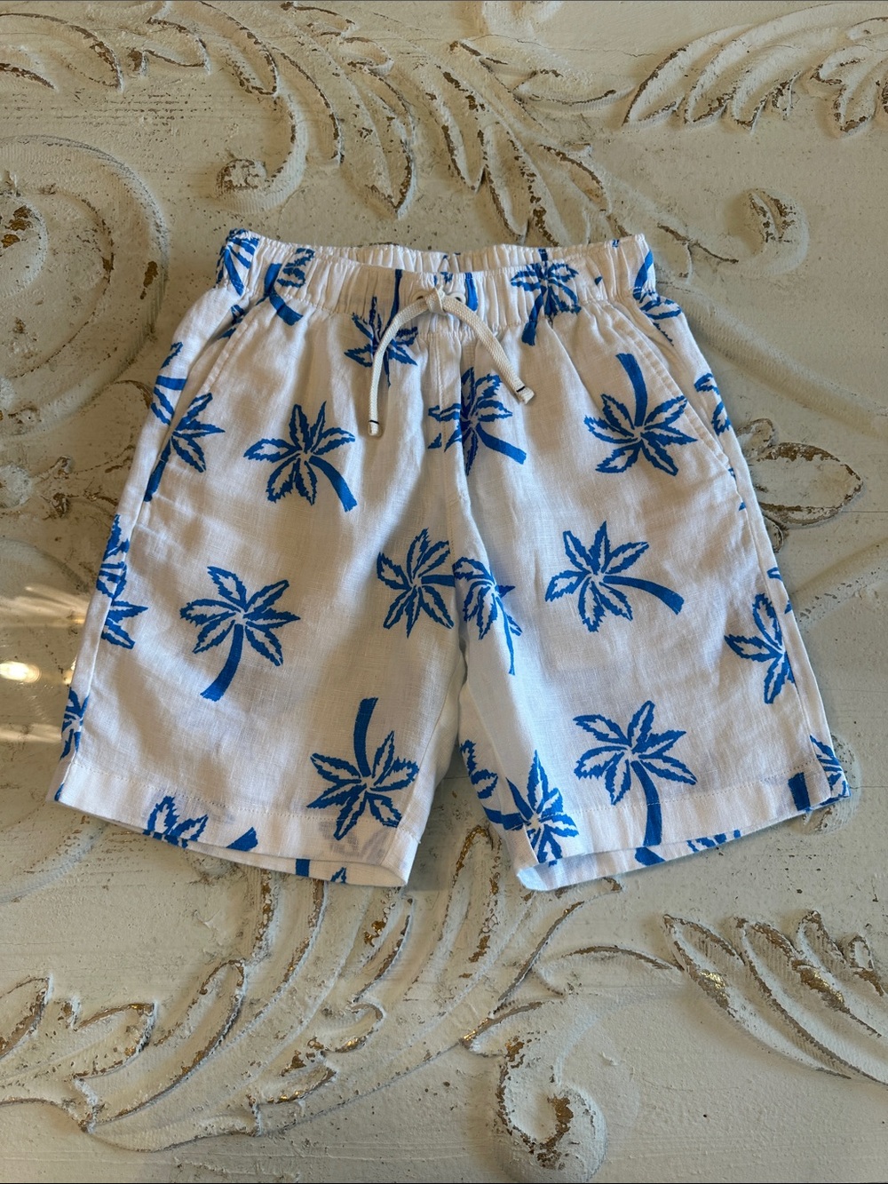 Crewcuts White Linen shorts with Blue Palm Print- 12